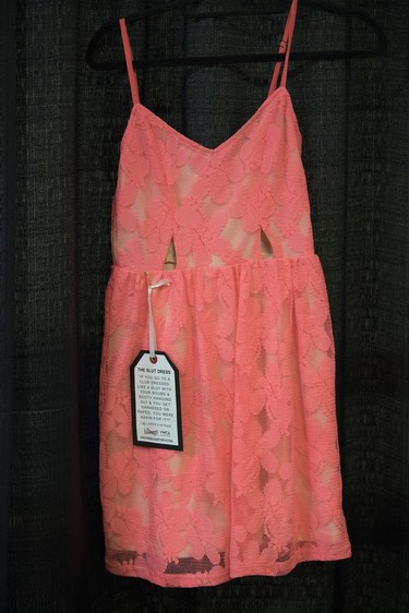 The YWCA is holding a BLAME pop-up shop at the University of Regina. Its controversial clothing display opposes blaming and shaming victims of sex assault by attaching to them quotes from judgments and tweets. This is "The Slut Dress."