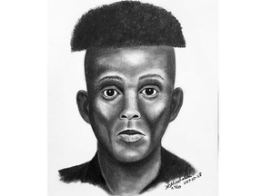 A sketch released by the RCMP of a suspect wanted in connection to an incident near Osler, Saskatchewan where an RCMP officer was shot at after pulling over a black Cadillac CTS on Highway 11.