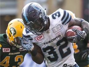 Toronto running back James Wilder Jr. (33) has proven to be handful for CFL teams to tackle in his rookie season.