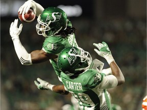 Saskatchewan Roughriders' Duron Carter, 89, came close to making an interception while playing cornerback on Aug. 13 against the B.C. Lions, but Ed Gainey stepped in front and made the pick. Carter is to play cornerback more extensively Friday against the host Calgary Stampeders.