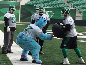 Blue was the colour for Riders centre Dan Clark during Tuesday's Halloween practice.