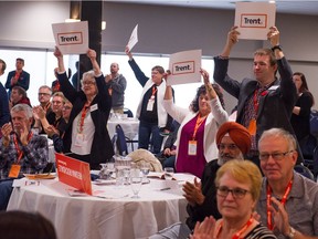 The crowd reacts to statements made during a debate between NDP leadership canadidates Trent Wotherspoon and Ryan Meili at the Queensbury Convention Centre on Saturday, Oct. 28, 2017.