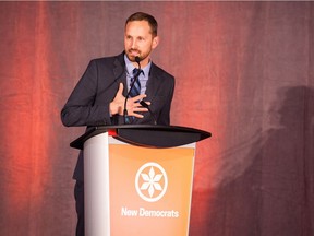 NDP leadership candidate Ryan Meili delivers his message to the crowd during a debate with Trent Wotherspoon during last year's leadership race.