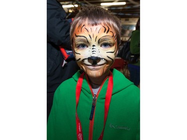 Nathan Goldsney displays his finished tiger face paint during the Oktoberkinderfest event at the German Club.