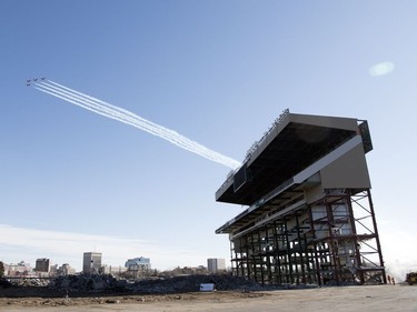 Budget Demolition completed to the collapsing of the west side grandstands at old Mosaic Stadium in Regina.  Members of the The Snowbirds Demonstration Team (431 Squadron) of 15 Wing Moose Jaw flew over prior to the collapse.
