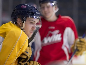 Regina Pats forward Nick Henry, wearing a yellow non-contact jersey, is back practising as he nears a return from off-season shoulder surgery.