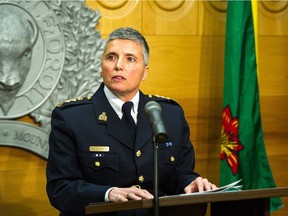 Chief Superintendent Maureen Levy, criminal operations officer for the Saskatchewan RCMP, speaks to members of the media at RCMP headquarters in Regina.