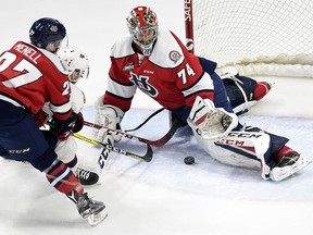 Goaltender Stuart Skinner shown making a save against the Regina Pats in last year's Eastern Conference final.