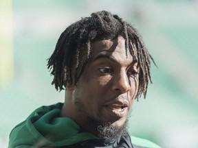 Saskatchewan Roughriders wide receiver Duron Carter (89) speaks to media at a press conference after practice at Mosaic Stadium.