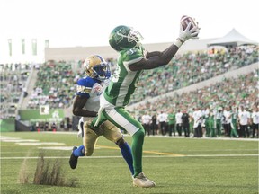 Caleb Holley's 18-yard reception was the first regular-season touchdown scored at new Mosaic Stadium.