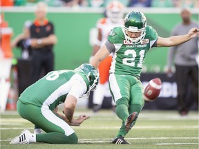 Riders placekicker Tyler Crapigna has made 18 consecutive field-goal attempts.