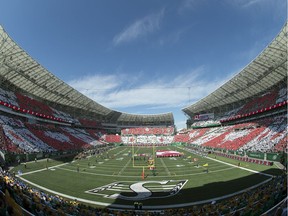 Fans file into Mosaic Stadium before the 2017 Labour Day Classic between the Saskatchewan Roughriders and the Winnipeg Blue Bombers.