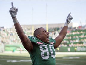 Spencer Moore, shown celebrating during the 2017 Labour Day Classic, is one of the Saskatchewan Roughriders' few holdovers from the championship season of 2013.