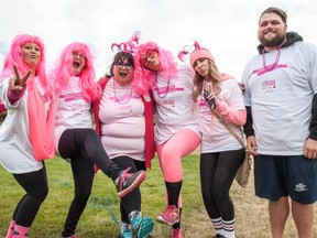 (From left) Siobhan Neary, Brenda Whittam-Neary, Wendy Englot (11-year cancer survivor), Haley Sokalofsky, Jessica Williams and Tanner Sokalofsky pose for a photos prior to the CIBC Run For the Cure near the TC Douglas building.
