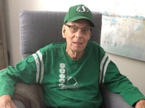 Bob Taylor is shown in a handout photo provided by his granddaughter Alex Taylor. Alex Taylor says her grandfather looked so cute wearing his Roughriders gear that she had to take his picture.