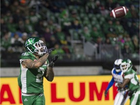 Chad Owens catches his first touchdown pass as a Saskatchewan Roughrider on Friday, when they defeated the Montreal Alouettes 37-12.