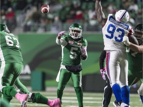 Saskatchewan quarterback Kevin Glenn delivers a pass during Friday's 37-12 win over the Montreal Alouettes.