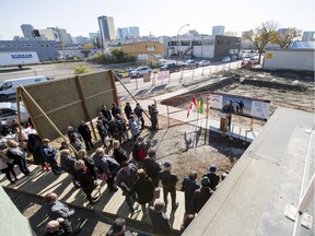 Joe Miller, executive director of Souls Harbour, speaks about the impact of new investments in affordable housing at the sod turning for their new building on Angus Street.