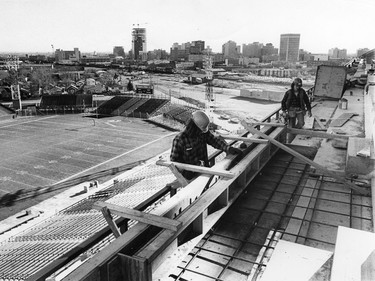 Workers during the 1978 construction of the upgraded, expanded west side stands at Taylor Field.