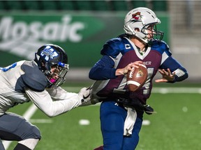 Sawyer Buettner, right, is to quarterback the Regina Thunder in Sunday's Prairie Football Conference championship game against the host Saskatoon Hilltops.