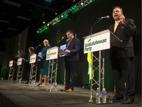 Ken Cheveldayoff (R) speaks during the Sask Party leadership debate in Saskatoon on Saturday, Nov, 4, 2017.