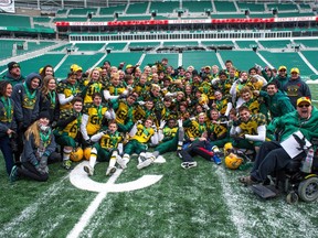 The Campbell Tartans celebrate at Mosaic Stadium on Saturday after winning the Saskatchewan High Schools Athletic Association 4A football championship.
