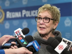City councillor Barbara Young, who also sits on the Regina Board of Police Commissioners, speaks after the "An Enhanced Approach to Domestic Conflict in our Community" news conference at the Regina Police Service Headquarters in Regina.