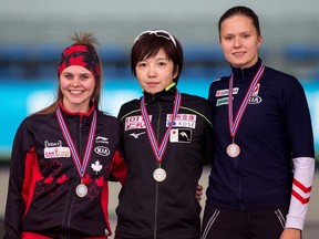 Left to right: Canada's Marsha Hudey, Japan's Nao Kodaira and Austria's Vanessa Herzog pose with their medals after a women's 500-metre World Cup speed skating race in Stavanger, Norway on Friday.
