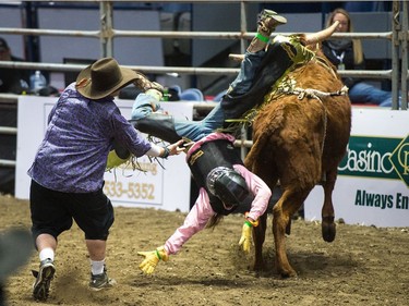 Josh Molnar, 13, of Cupar gets bucked off at the Steer Riding Rodeo School during Agribition on Saturday, Nov. 25, 2017, at the Brandt Centre.