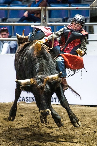 A young rider loses his balance at the Steer Riding Rodeo School during Agribition on Saturday, Nov. 25, 2017, at the Brandt Centre.