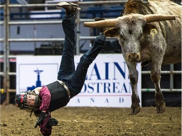 Tyson Myers of Gull Lake takes a spill at the Steer Riding Rodeo School during Agribition on Saturday, Nov. 25, 2017 at the Brandt Centre.