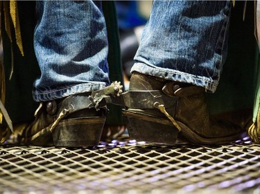 A young rider stands on the catwalk behind the chutes preparing for his ride at the Steer Riding Rodeo School during Agribition on Saturday, Nov. 25, 2017, at the Brandt Centre.