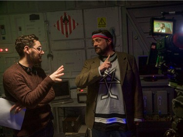 Lowell Dean (left) and Kevin Smith speak on the set of Another WolfCop.