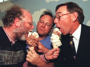 Famous Ice Cream Guys Ben Cohen (left) and Jerry Greenfield (celebrate the introduction of Ben & Jerry's Ice Cream to Canada. The launch took place at the Queens Quay Loblaws.