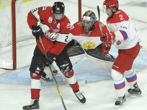 Moose Jaw Warriors forward Brett Howden tips home a shot to put Team WHL up 5-0 against Team Russia during Game 1 of the CIBC Canada Russia Series at Mosaic Place Monday.