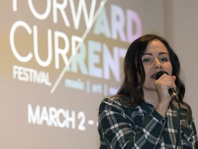 Saskatoon hip hop artist Lindsay Knight, a.k.a. Eekwol, performs during an announcement of the upcoming Regina Symphony Orchestra Forward Currents Festival in Regina.