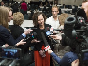 Education Minister Bronwyn Eyre speaks to media after addressing the Saskatchewan School Boards Association in Regina on Nov. 14, 2017