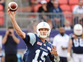 Toronto Argonauts quarterback Ricky Ray (15) passes against the Winnipeg Blue Bombers during first half CFL football action in Toronto on October 21, 2017. One of the few certainties of the East Division final is a 38-year-old quarterback will lead his team to the Grey Cup. The Toronto Argonauts host the Saskatchewan Roughriders at BMO Field on Sunday with veteran quarterbacks Ricky Ray and Kevin Glenn, respectively, at the helm.