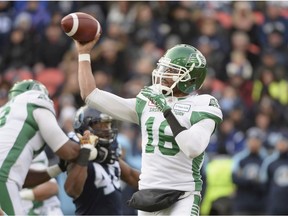 Saskatchewan's Brandon Bridge throws a pass during Sunday's East Division final against the Toronto Argonauts.