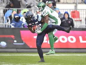 The Toronto Argonauts' James Wilder, shown making a key catch against the Saskatchewan Roughriders in the CFL's 2017 East Division final, is hoping to check out NFL opportunities.