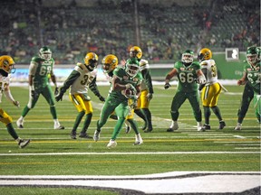 The Saskatchewan Roughriders' Marcus Thigpen is shown scoring his second touchdown Saturday against the Edmonton Eskimos at Mosaic Stadium. Until Saturday, Thigpen had not scored a touchdown since taking a punt return all the way for the 2014 Buffalo Bills.