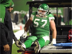 Saskatchewan Roughriders offensive lineman Brendon LaBatte, shown Nov. 4 after injuring his left leg, returned to practice with the CFL team on Wednesday.