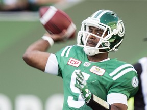 Saskatchewan Roughriders quarterback Kevin Glenn (5) throws a pass in the Labour Day Classic against the Winnipeg Blue Bombers at Mosaic Stadium in Regina.