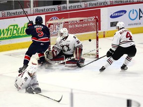 Josh Mahura of the Regina Pats scores his first of two goals against the Red Deer Rebels on Friday at the Brandt Centre.