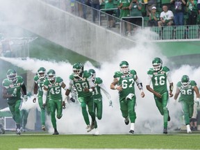 Saskatchewan Roughriders takes the field before a July 8, 2017 CFL game held at Mosaic Stadium.