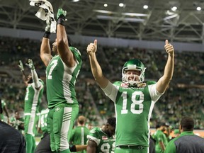 REGINA, SASK : July 8, 2017 - Saskatchewan Roughriders punter Josh Bartel #18 and his teammates salute the crowd after winning against Hamilton Tiger-Cats during a CFL game held at Mosaic Stadium. MICHAEL BELL / Regina Leader-Post.
Michael Bell, Regina Leader-Post