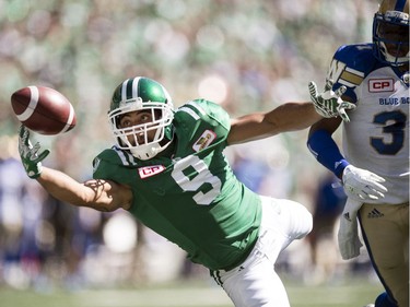 Saskatchewan Roughriders wide receiver Nic Demski can't make the diving touchdown grab in from of Winnipeg Blue Bombers defensive back Maurice Leggett during the Labour Day Classic on Sept. 3, 2017.