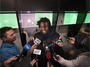 Duron Carter, who is eligible to test free agency in February, speaks with reporters Monday at Mosaic Stadium.