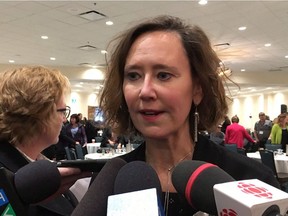 Saskatchewan Education Minister Bronwyn Eyre speaks to reporters after addressing the Saskatchewan School Boards Association annual meeting in Regina on Tuesday, Nov. 14, 2017.