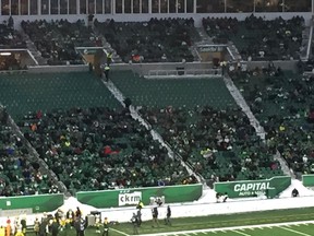 Vacant seats on Mosaic Stadium's east side on Saturday when the Saskatchewan Roughriders played host to the Edmonton Eskimos. A gathering of snow on the canopy led to 800 spectators being re-seated as a precaution.